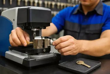 Chaveiro fazendo cópia de chaves em Presidente Prudente usando uma máquina de duplicação.