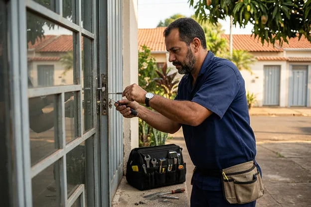 Chaveiro fazendo manutenção em uma fechadura em Presidente Prudente.